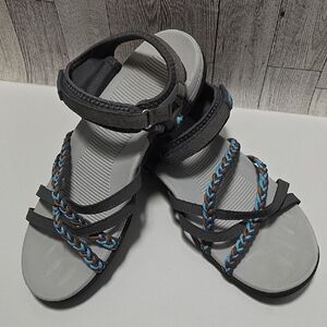 MEGNYA Gray Sandals with Blue and Brown Braided Straps
